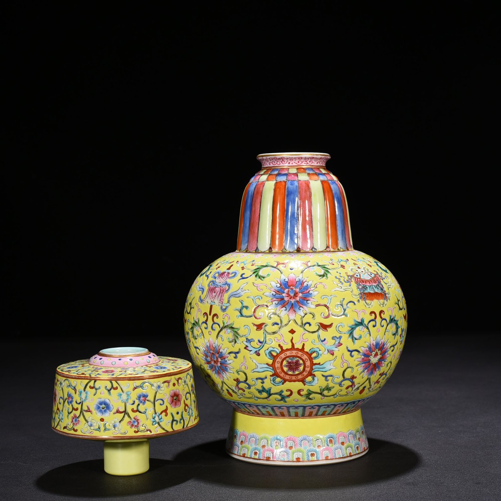Qing Dynasty Qianlong yellow ground pastel-wrapped twig and eight-treasure pattern Bianba vase