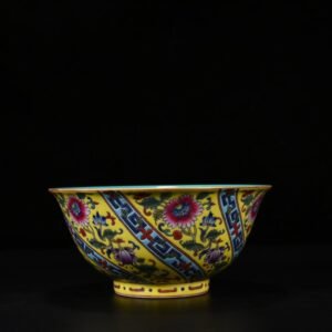 Qing Dynasty Qianlong yellow ground pastel flower pattern bowl