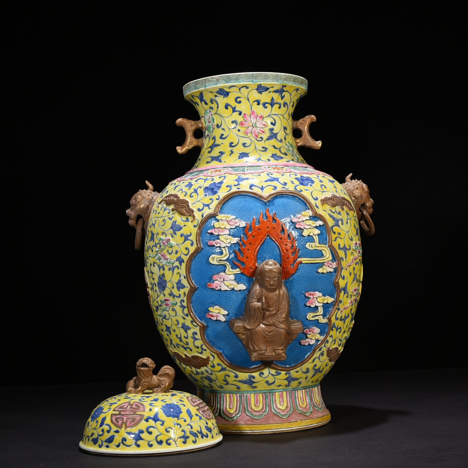 Qing Dynasty Qianlong yellow ground pastel carved Guanyin double-eared statue