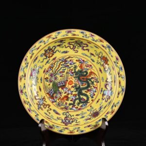 Qing Dynasty Qianlong yellow ground pastel dragon and phoenix pattern folding edge plate