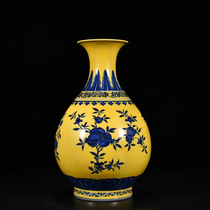 Qing Dynasty Qianlong yellow ground blue and white jade pot and spring vase