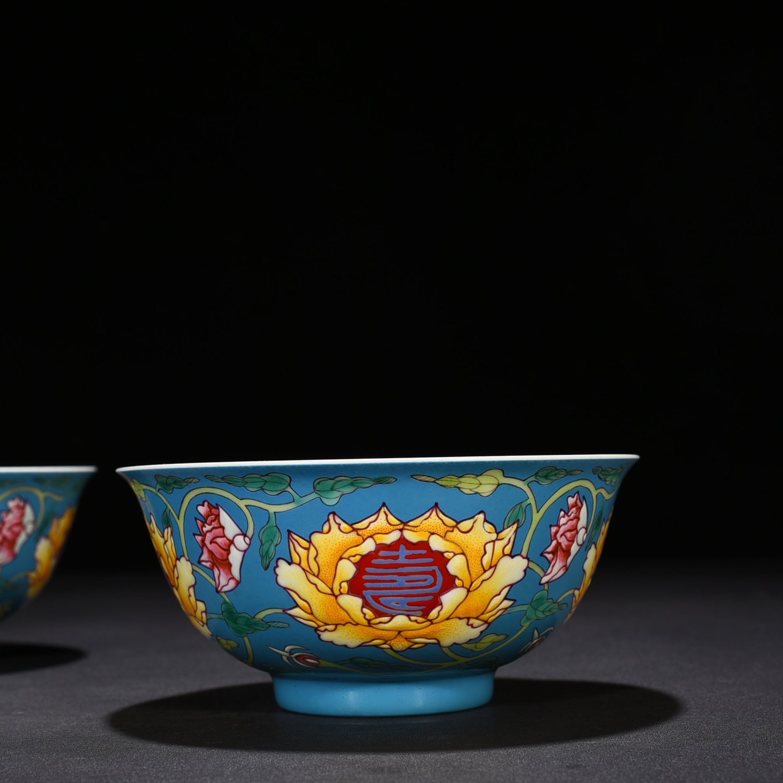 Qing Dynasty Emperor Kangxi imperial blue ground pastel longevity bowl