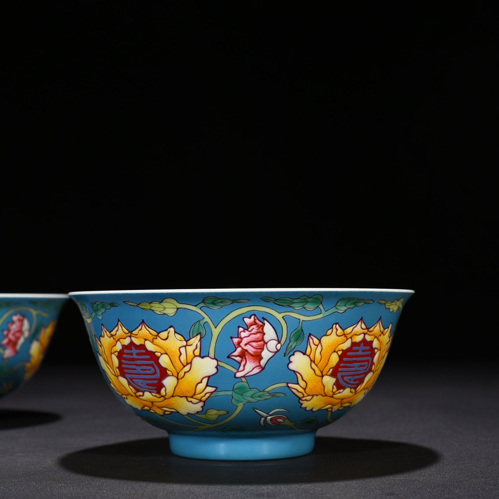Qing Dynasty Emperor Kangxi imperial blue ground pastel longevity bowl