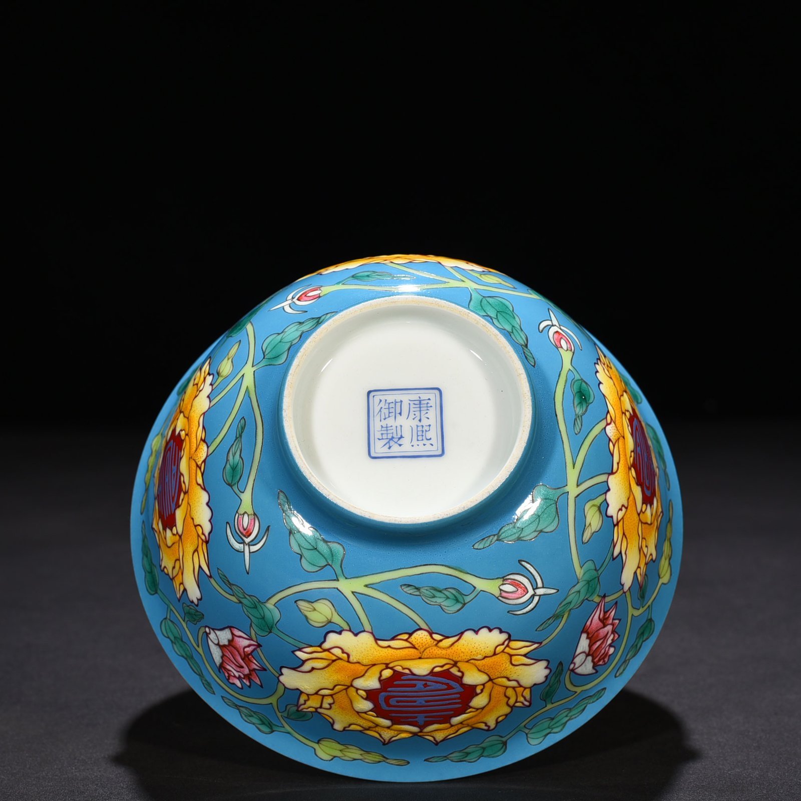 Qing Dynasty Emperor Kangxi imperial blue ground pastel longevity bowl