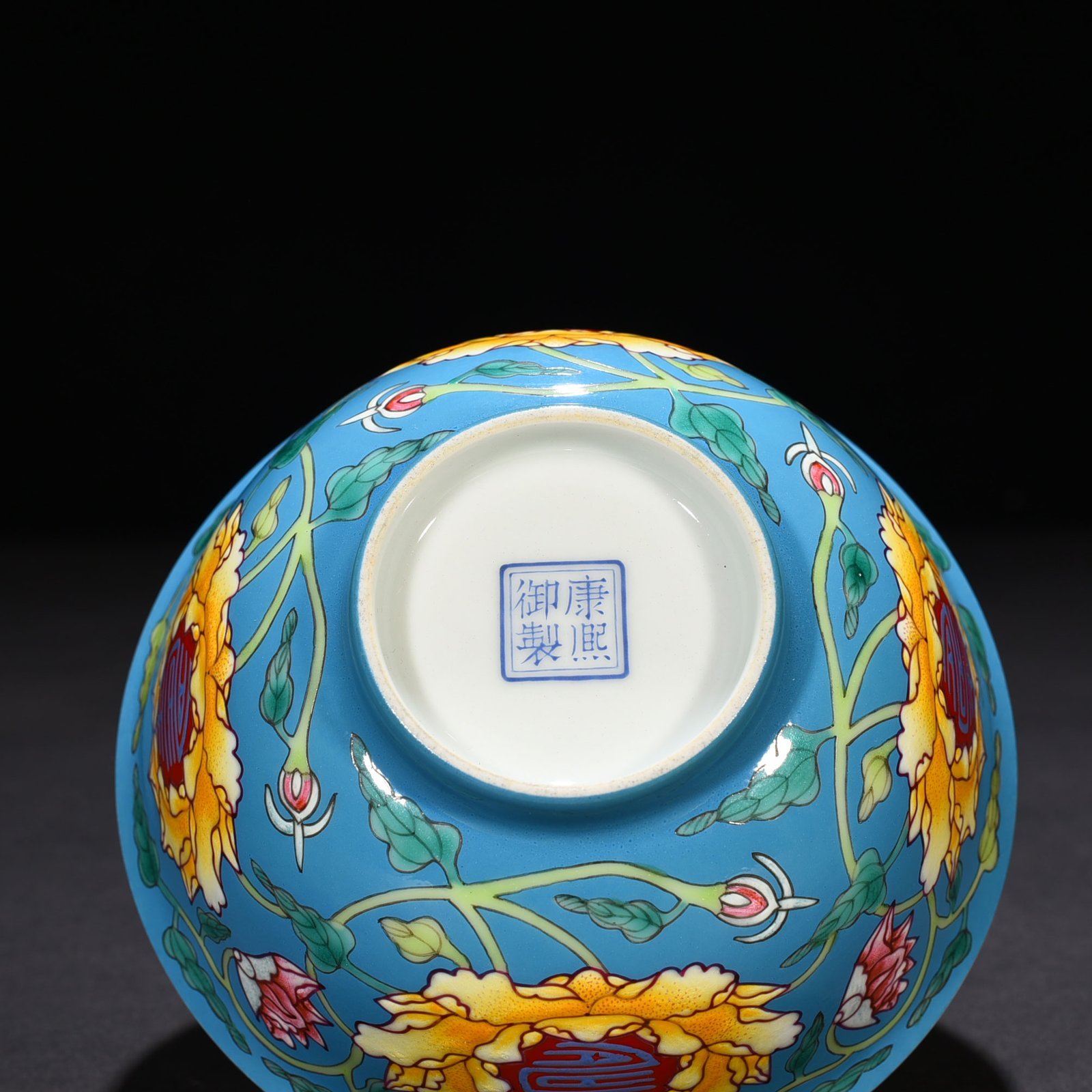 Qing Dynasty Emperor Kangxi imperial blue ground pastel longevity bowl
