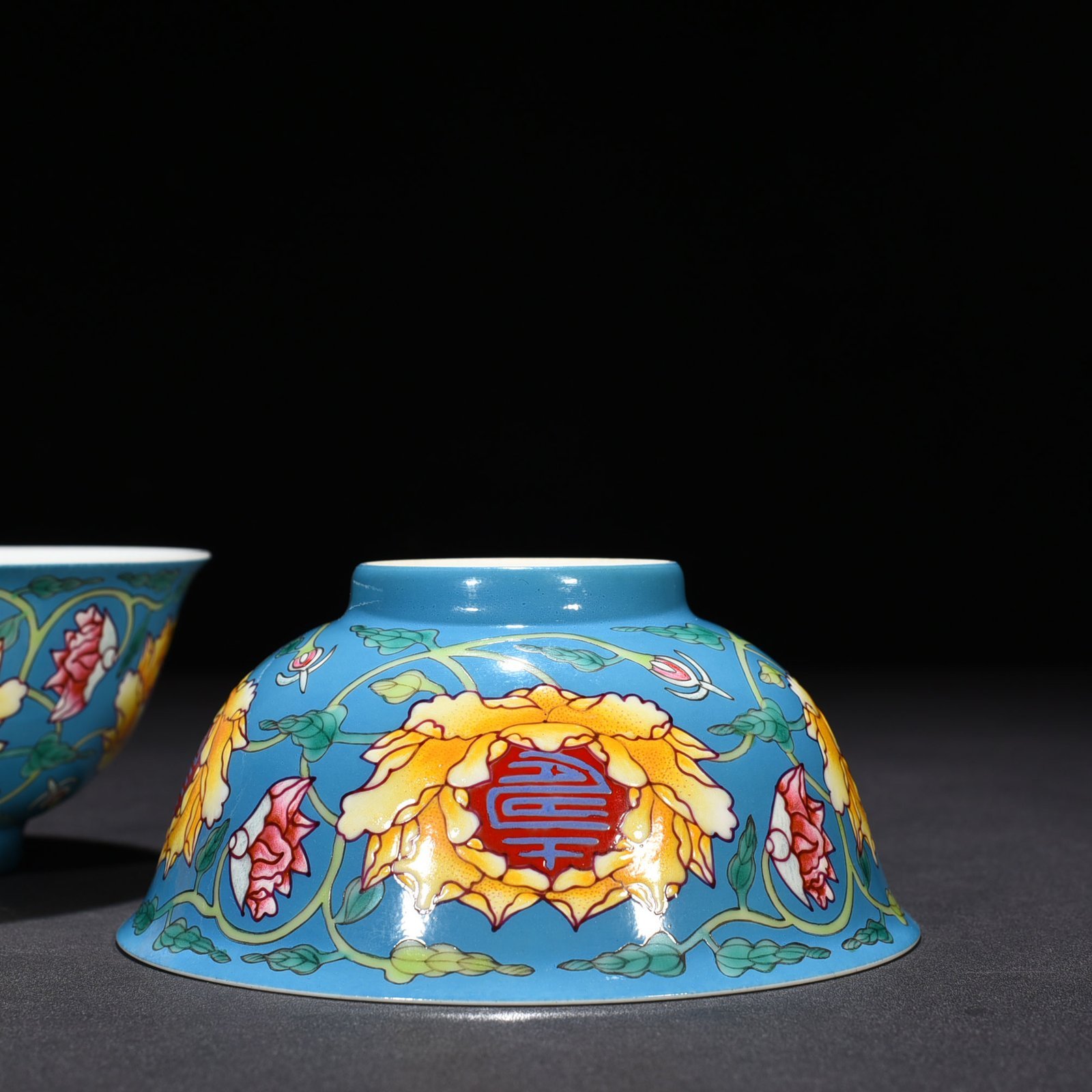 Qing Dynasty Emperor Kangxi imperial blue ground pastel longevity bowl