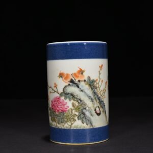 Qing Dynasty Wang Zhang's blue-glazed light crimson flower and bird pen holder