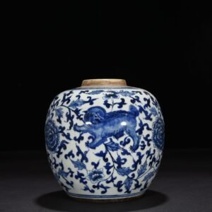 Qing Dynasty blue and white jar with branches and lion pattern