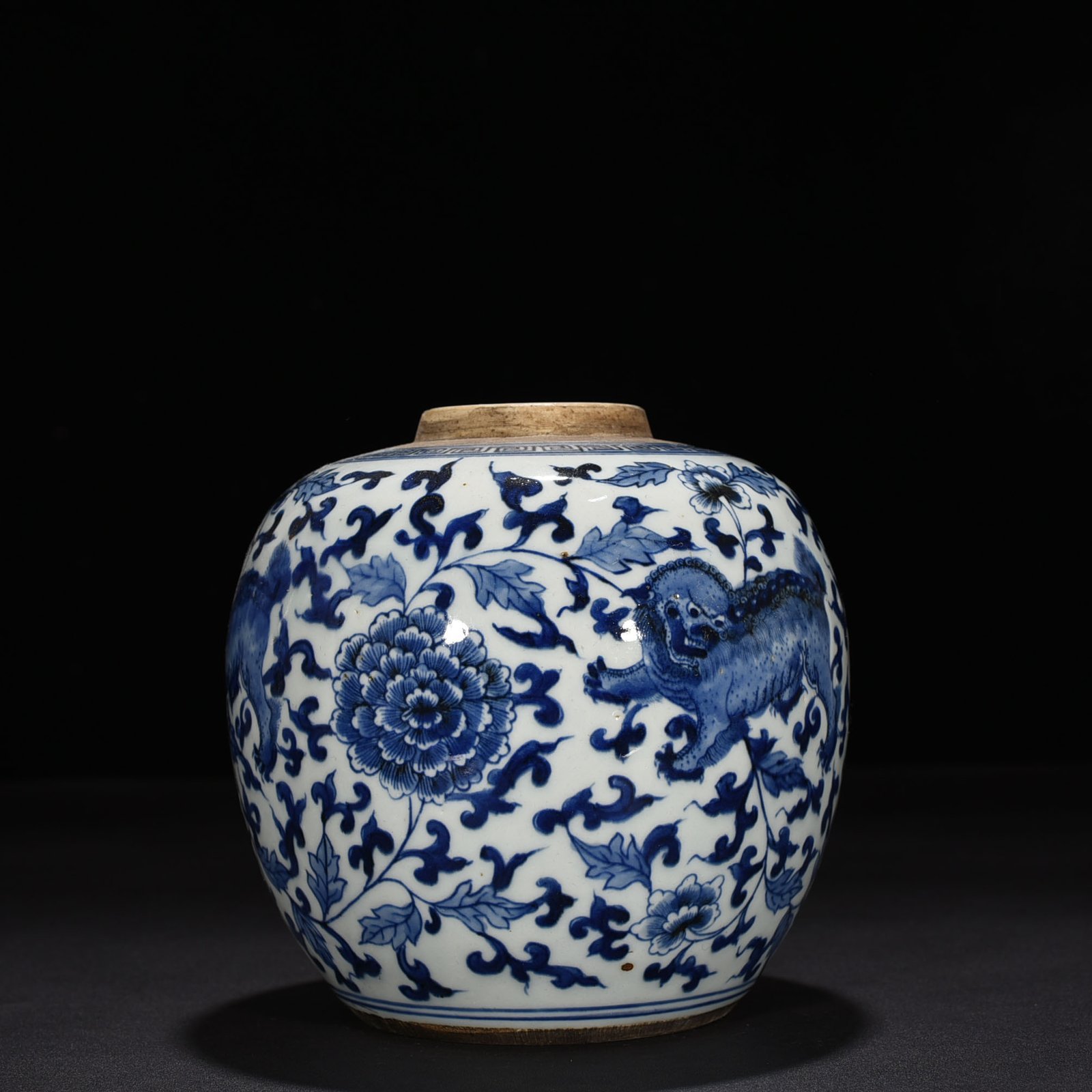 Qing Dynasty blue and white jar with branches and lion pattern