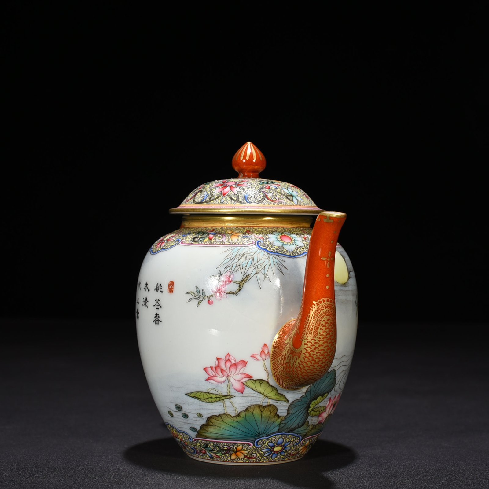 Qing Dynasty Yongzheng Gu Yuexuan enamel colorful lotus pond pot with mandarin duck pattern