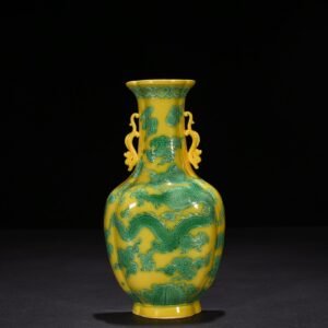Qing Dynasty Yongzheng delicate yellow glaze carved green dragon pattern wall vase