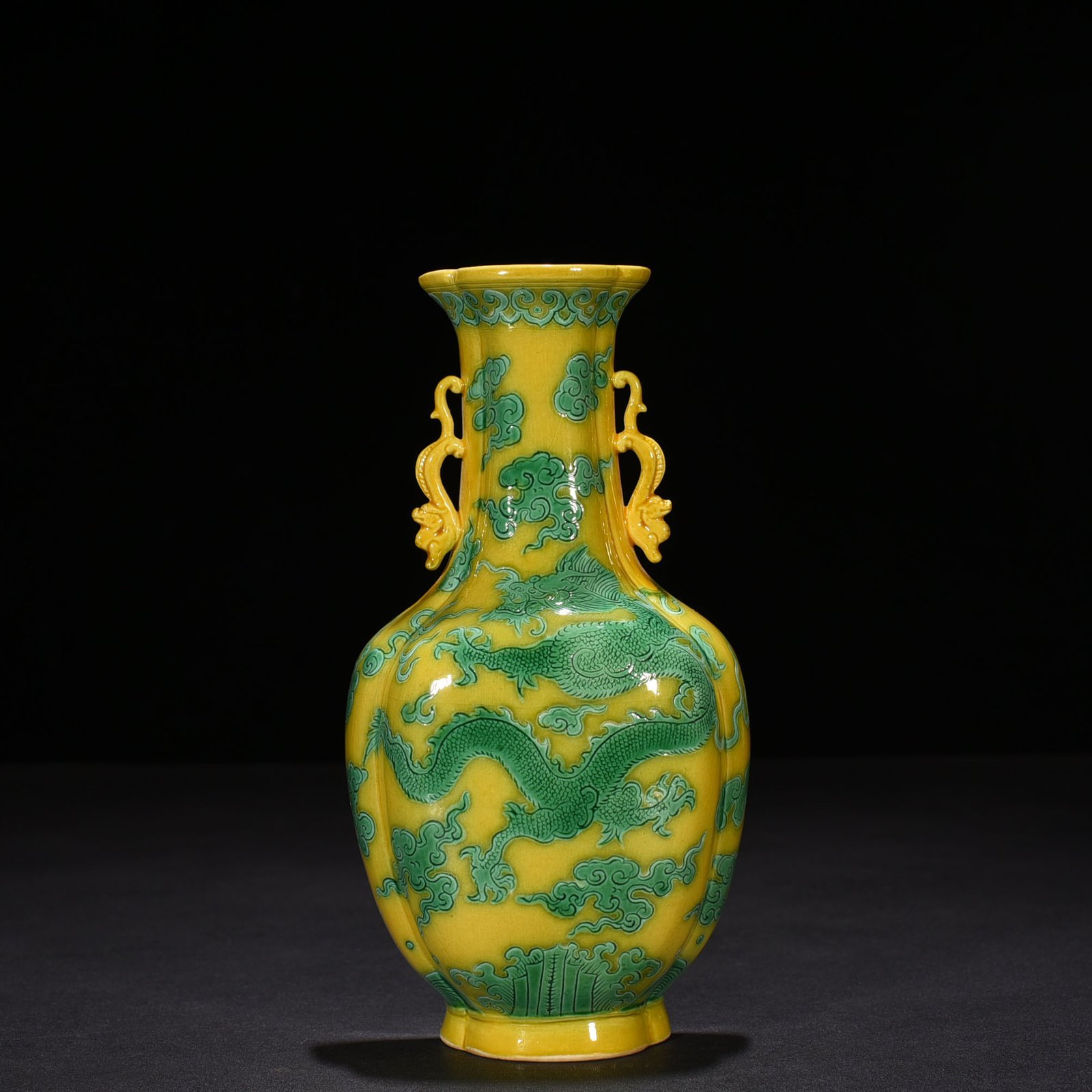 Qing Dynasty Yongzheng delicate yellow glaze carved green dragon pattern wall vase