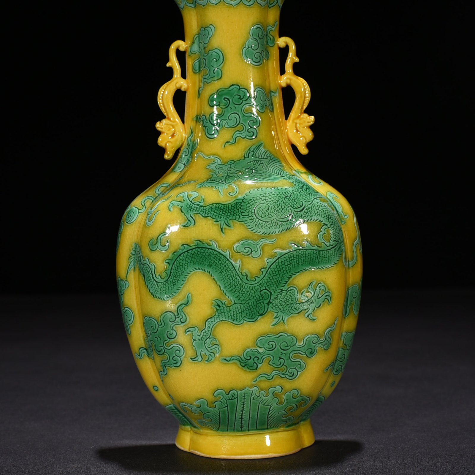 Qing Dynasty Yongzheng delicate yellow glaze carved green dragon pattern wall vase
