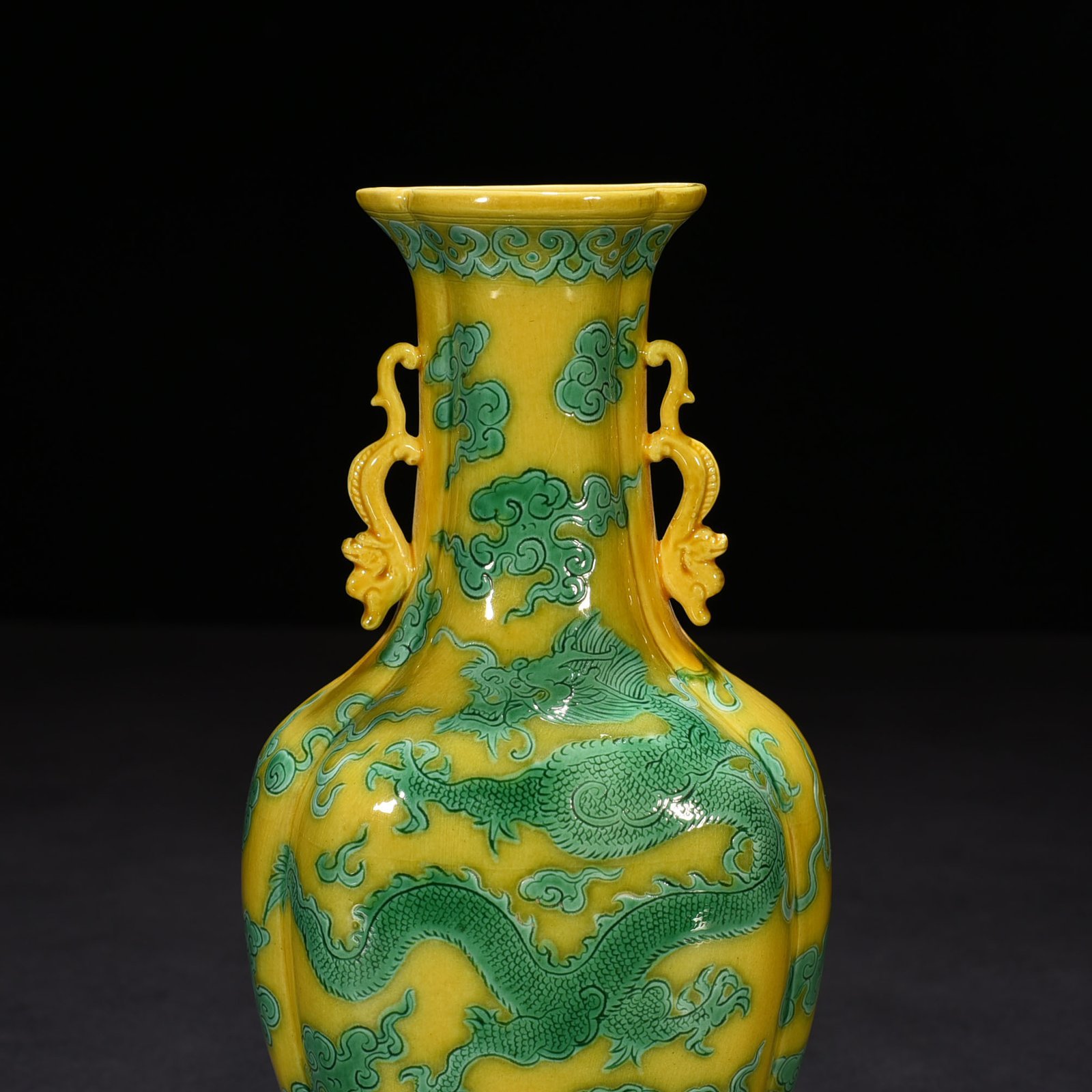 Qing Dynasty Yongzheng delicate yellow glaze carved green dragon pattern wall vase