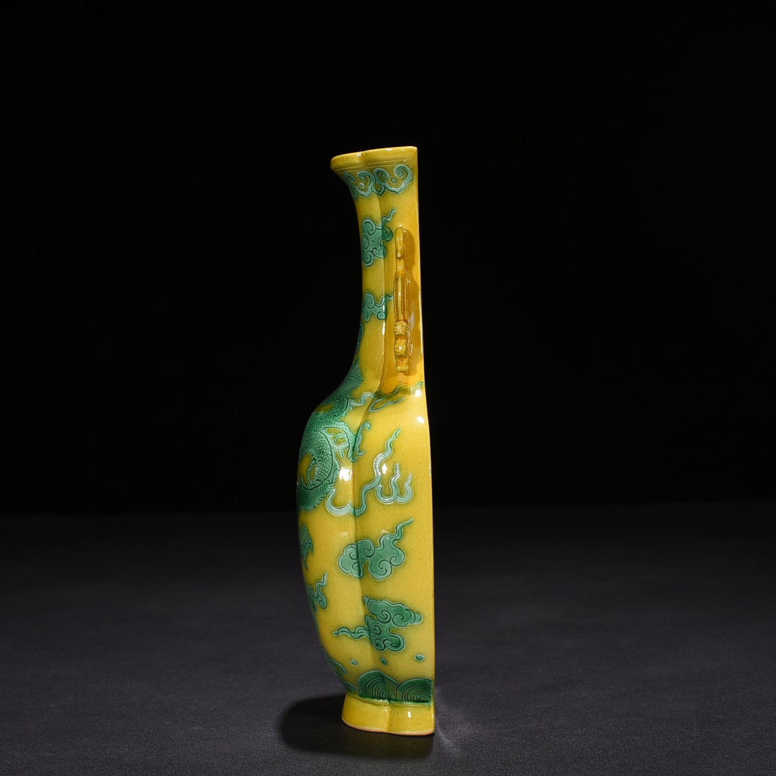 Qing Dynasty Yongzheng delicate yellow glaze carved green dragon pattern wall vase