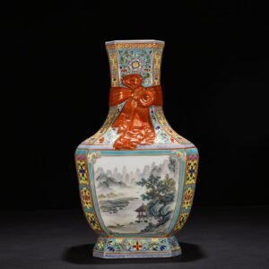 Qing Dynasty Yongzheng window enamel landscape ribbon square vase