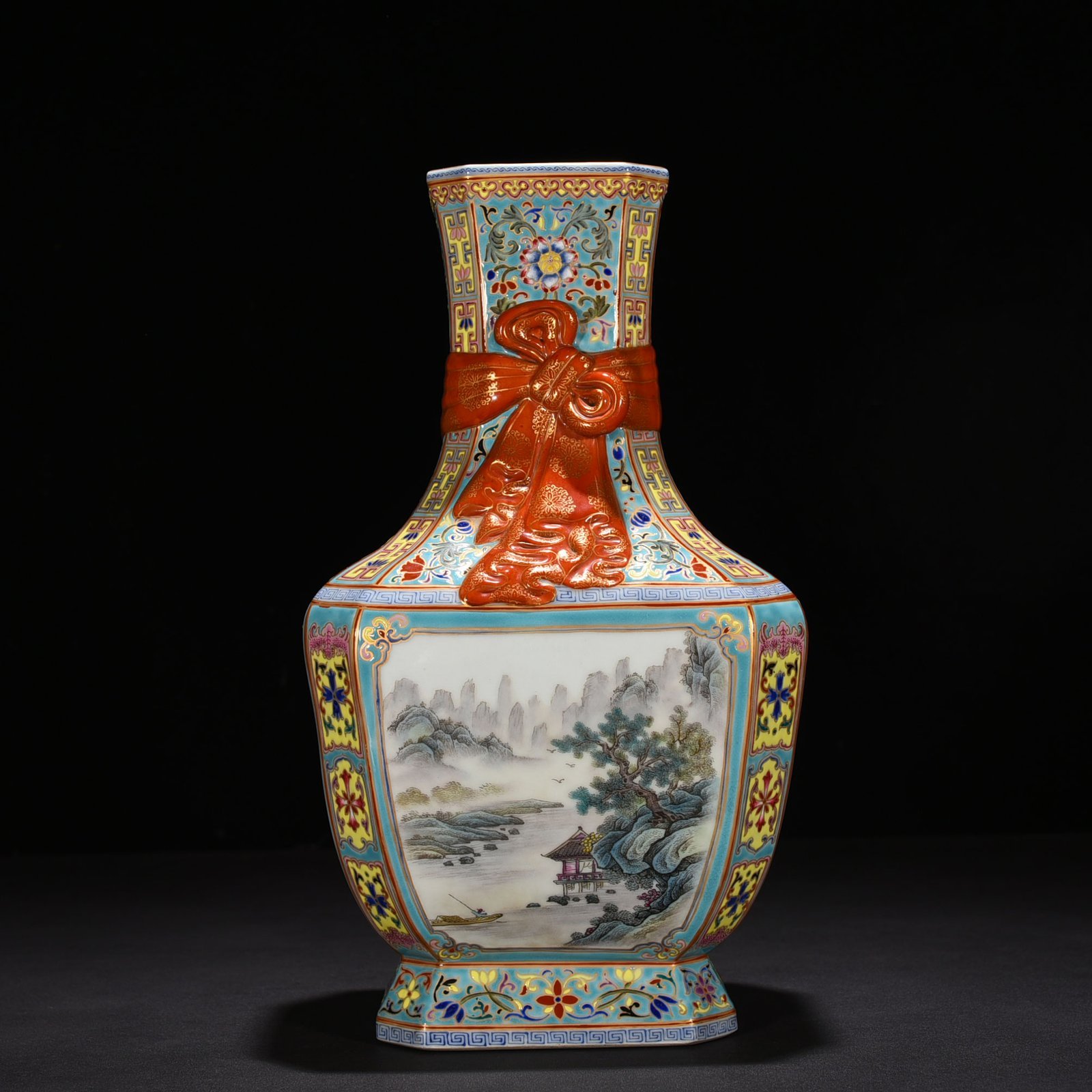 Qing Dynasty Yongzheng window enamel landscape ribbon square vase