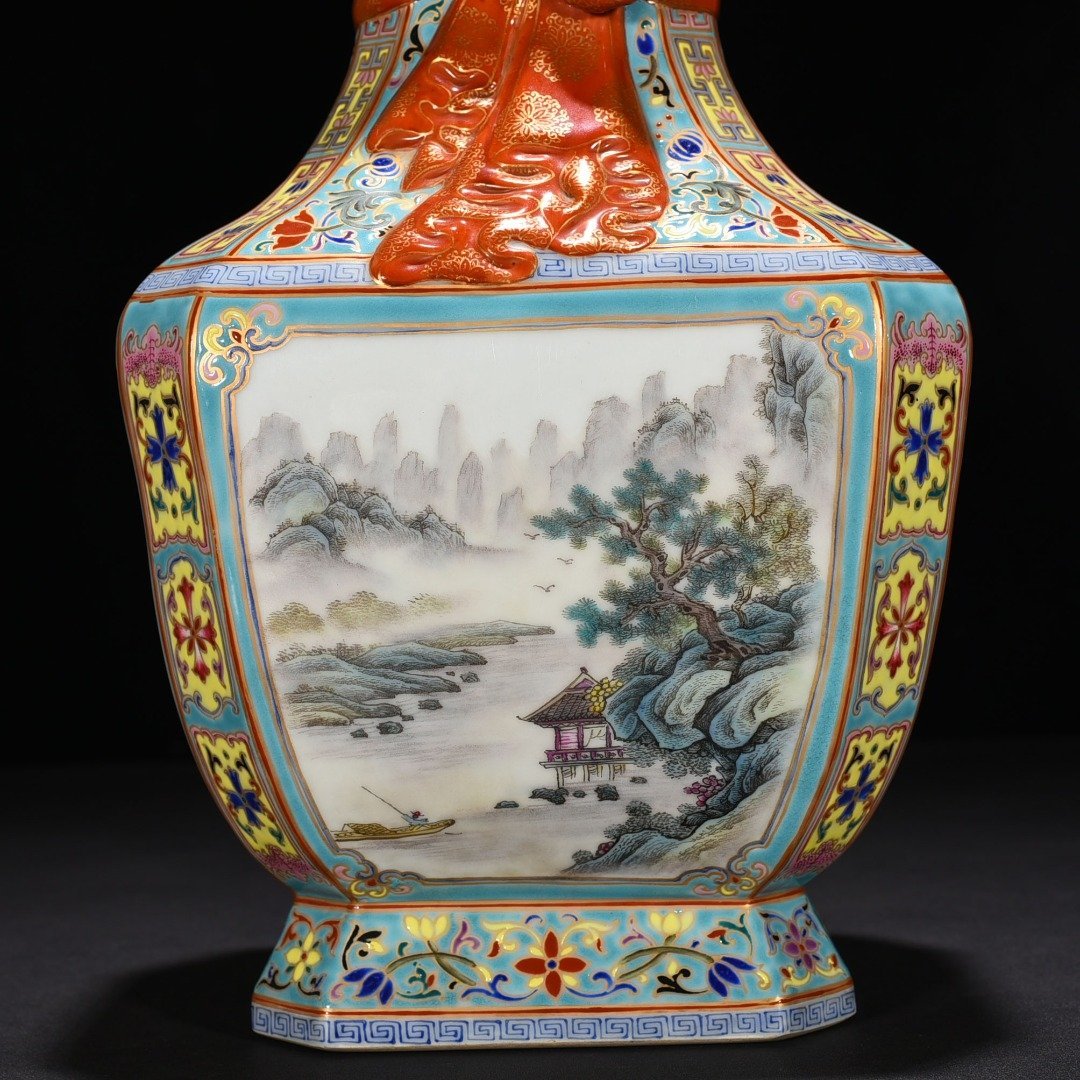 Qing Dynasty Yongzheng window enamel landscape ribbon square vase
