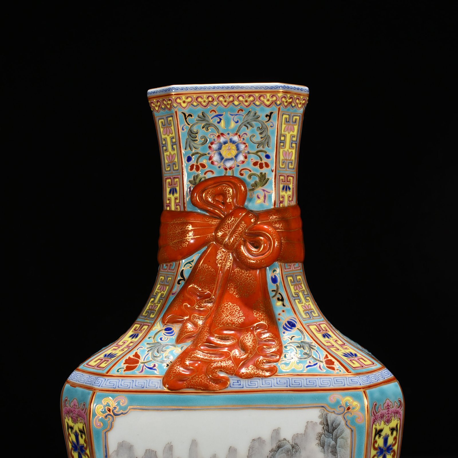 Qing Dynasty Yongzheng window enamel landscape ribbon square vase