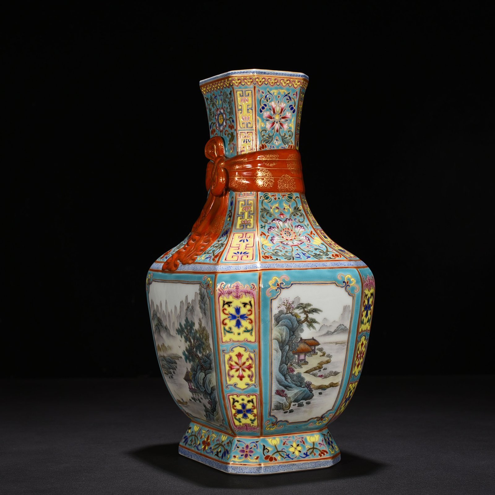 Qing Dynasty Yongzheng window enamel landscape ribbon square vase