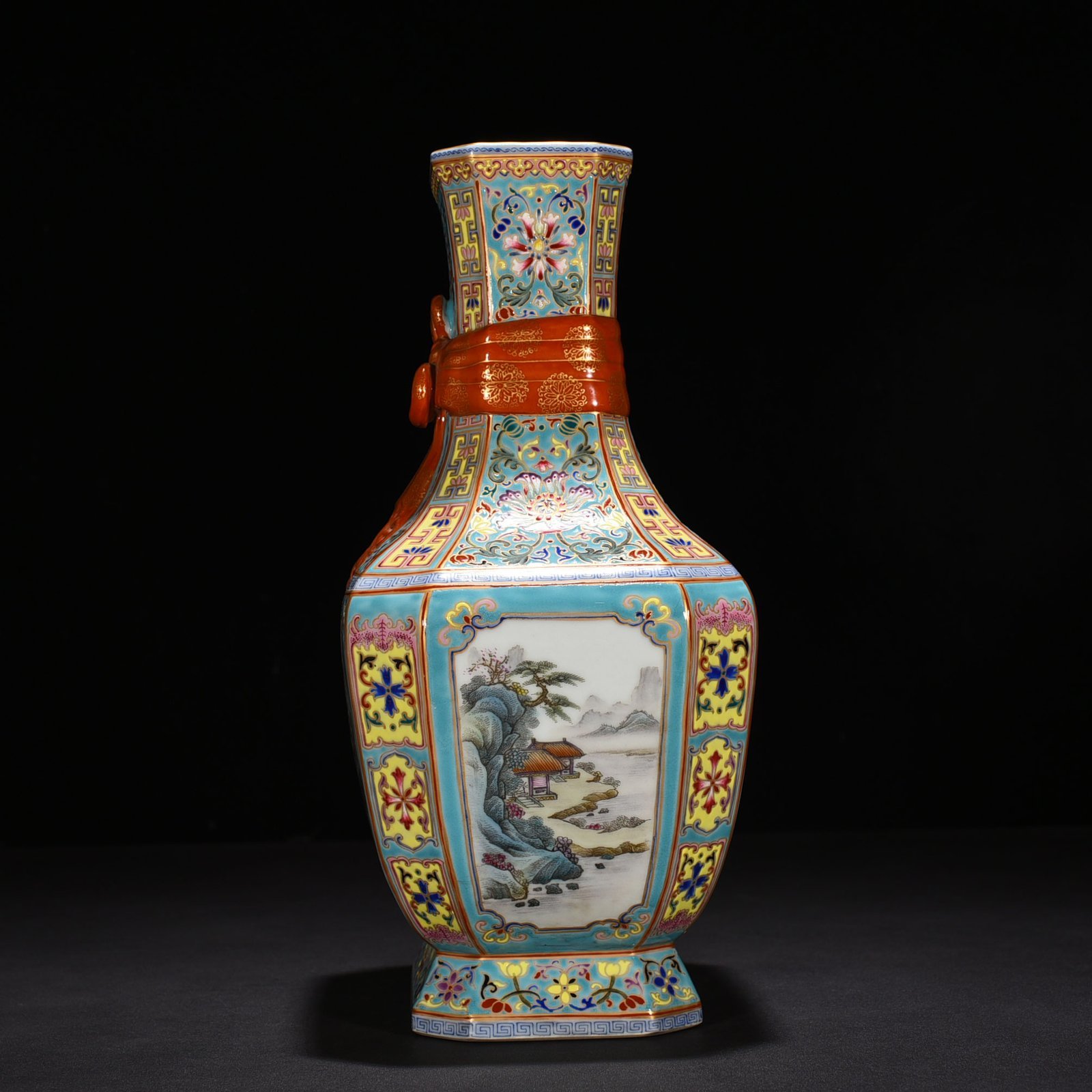 Qing Dynasty Yongzheng window enamel landscape ribbon square vase