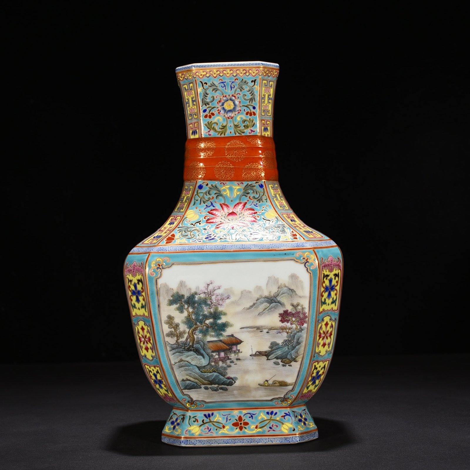 Qing Dynasty Yongzheng window enamel landscape ribbon square vase