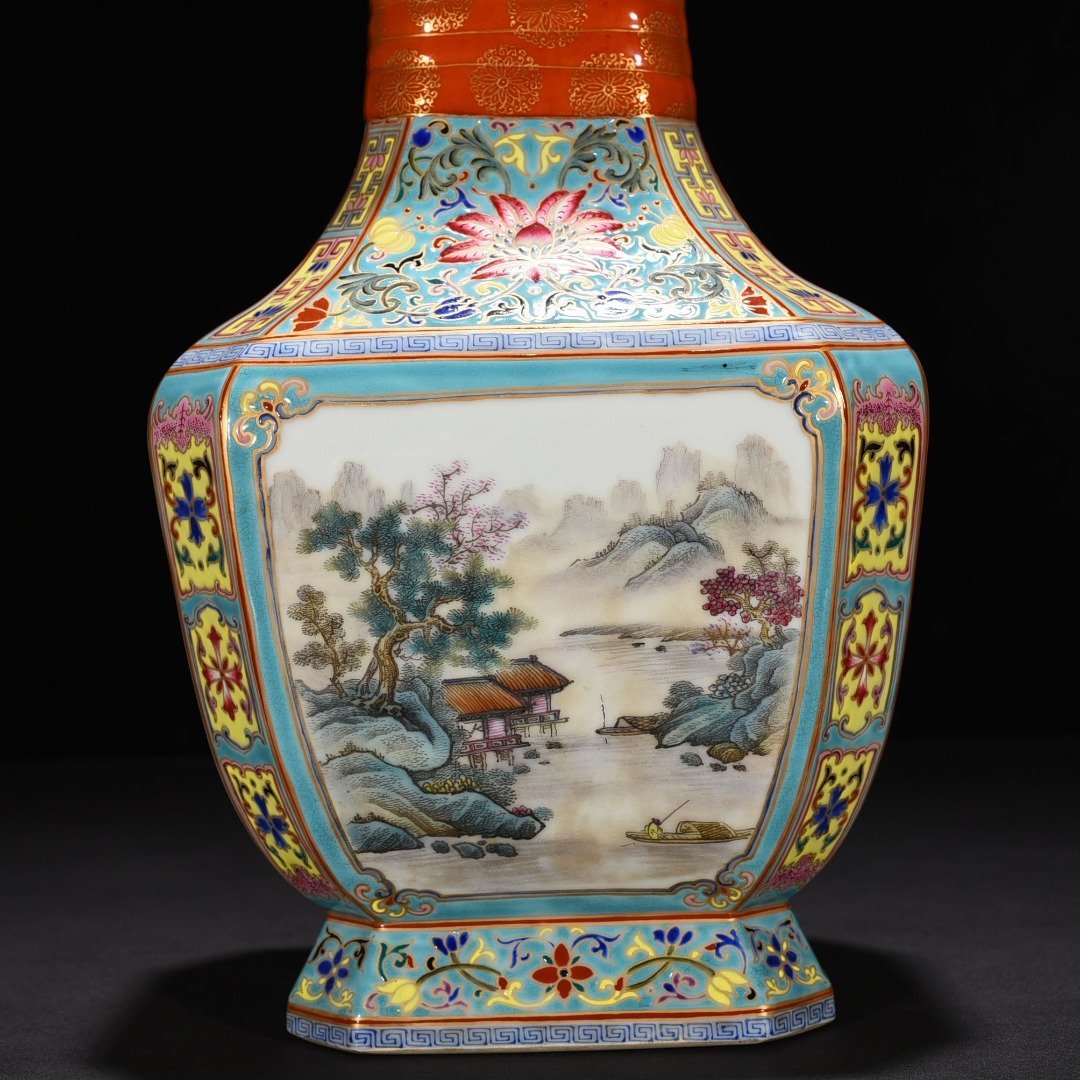 Qing Dynasty Yongzheng window enamel landscape ribbon square vase
