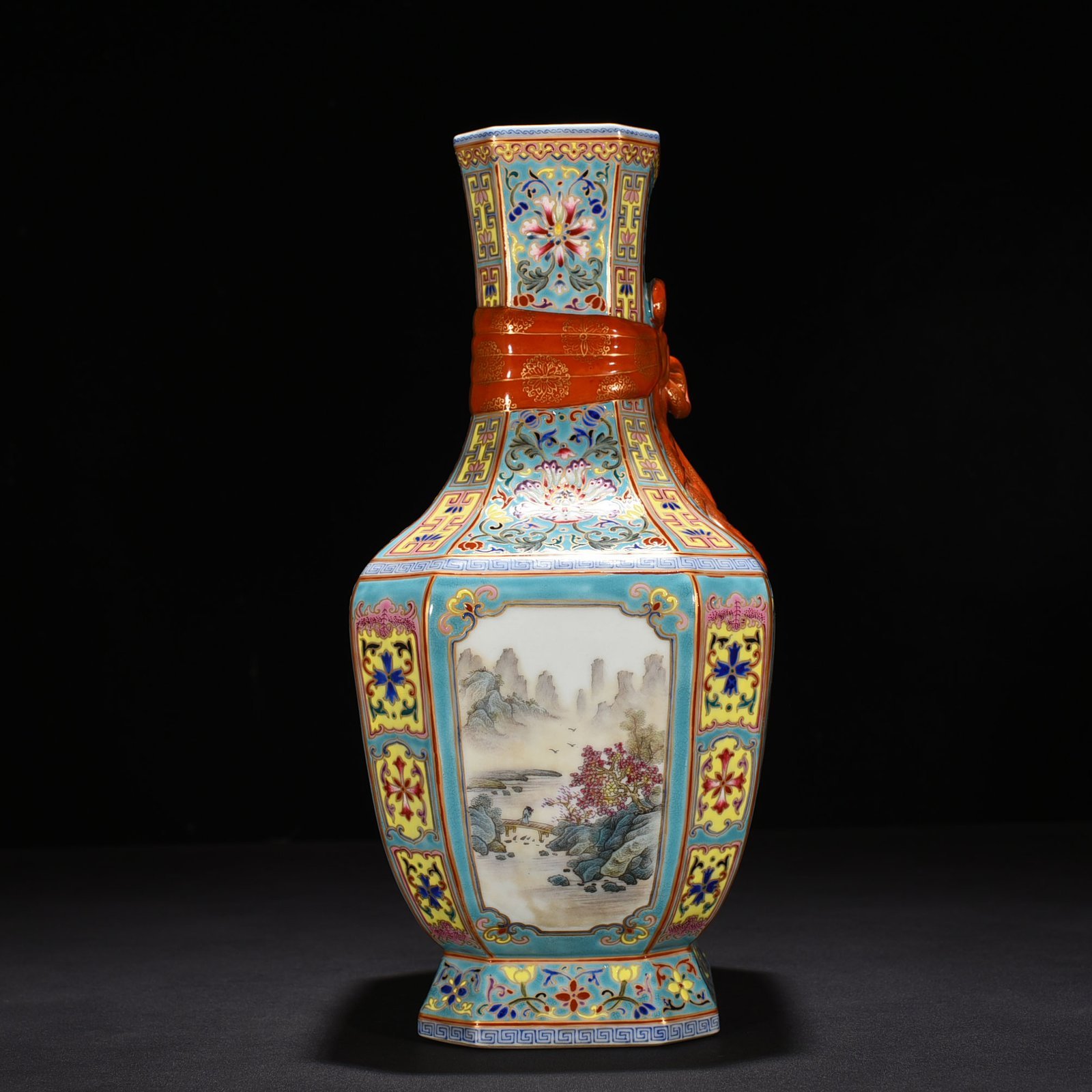 Qing Dynasty Yongzheng window enamel landscape ribbon square vase