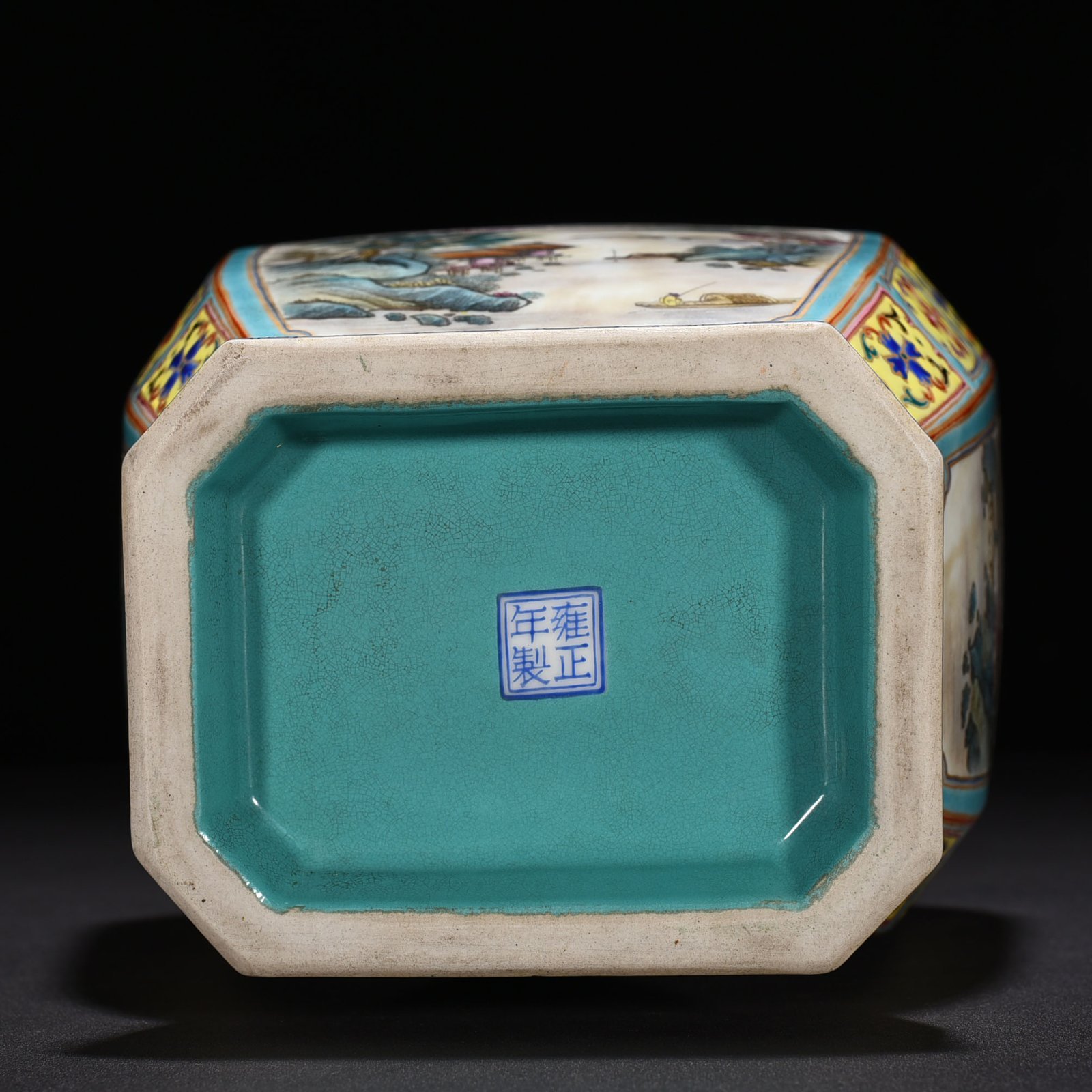 Qing Dynasty Yongzheng window enamel landscape ribbon square vase