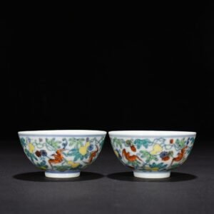Qing Dynasty Yongzheng Doucai Fu and Shou pattern cup and small bowl