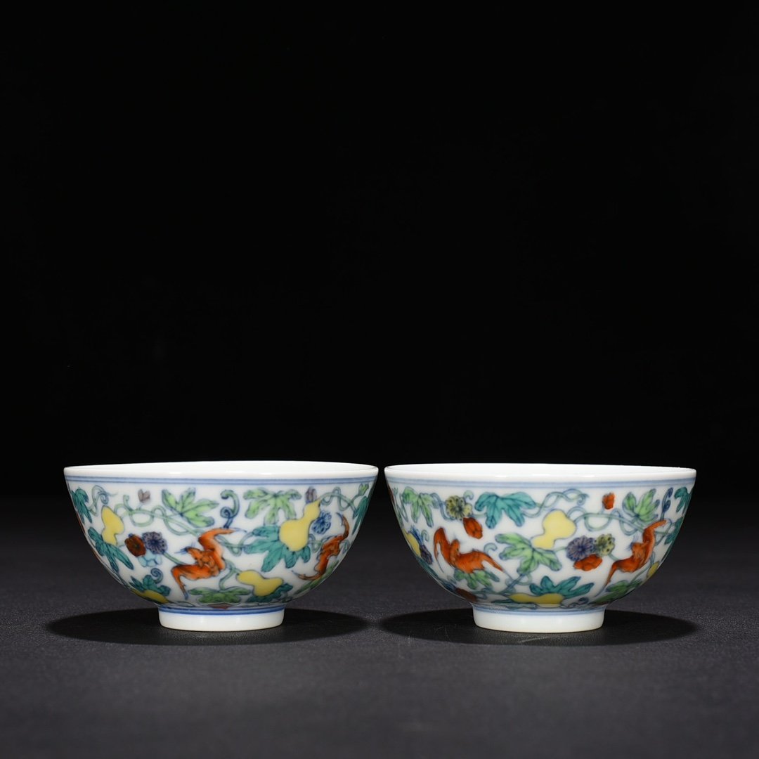 Qing Dynasty Yongzheng Doucai Fu and Shou pattern cup and small bowl