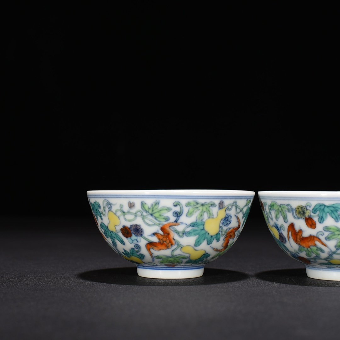 Qing Dynasty Yongzheng Doucai Fu and Shou pattern cup and small bowl