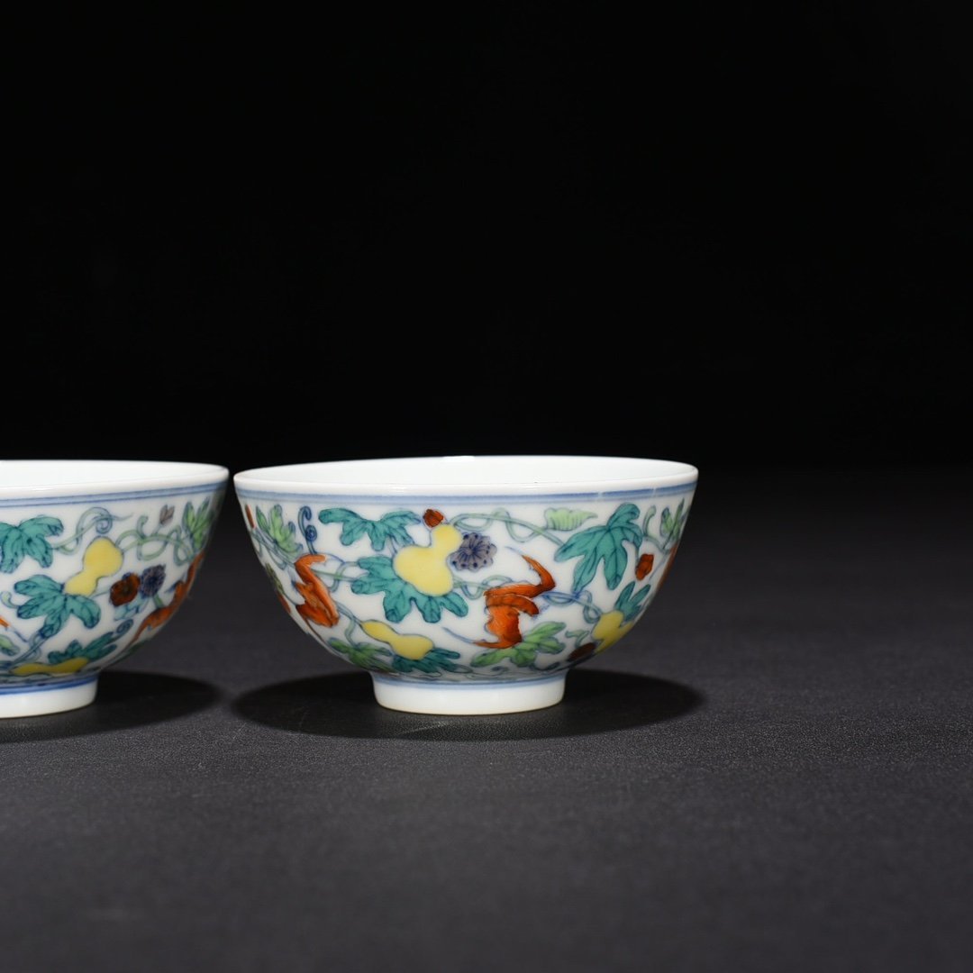Qing Dynasty Yongzheng Doucai Fu and Shou pattern cup and small bowl