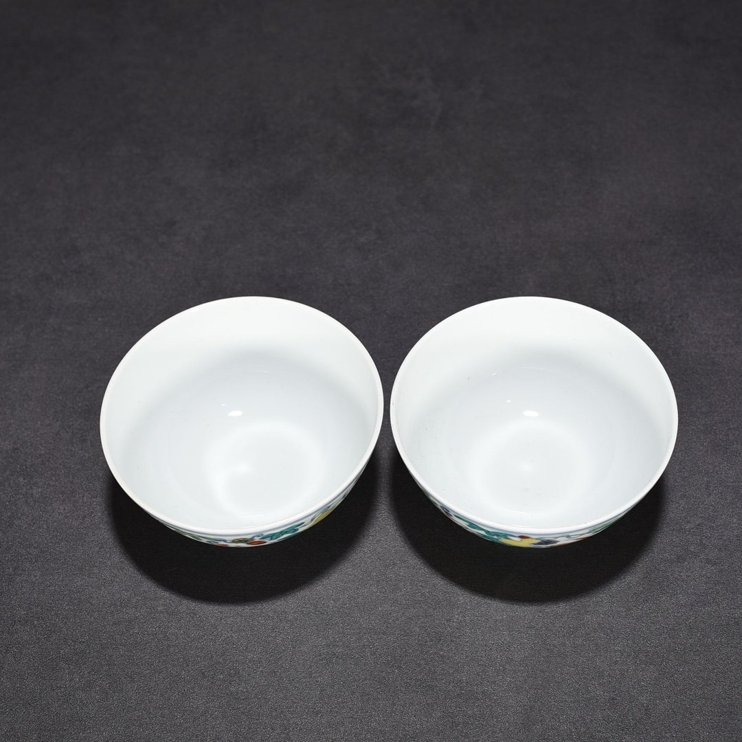 Qing Dynasty Yongzheng Doucai Fu and Shou pattern cup and small bowl