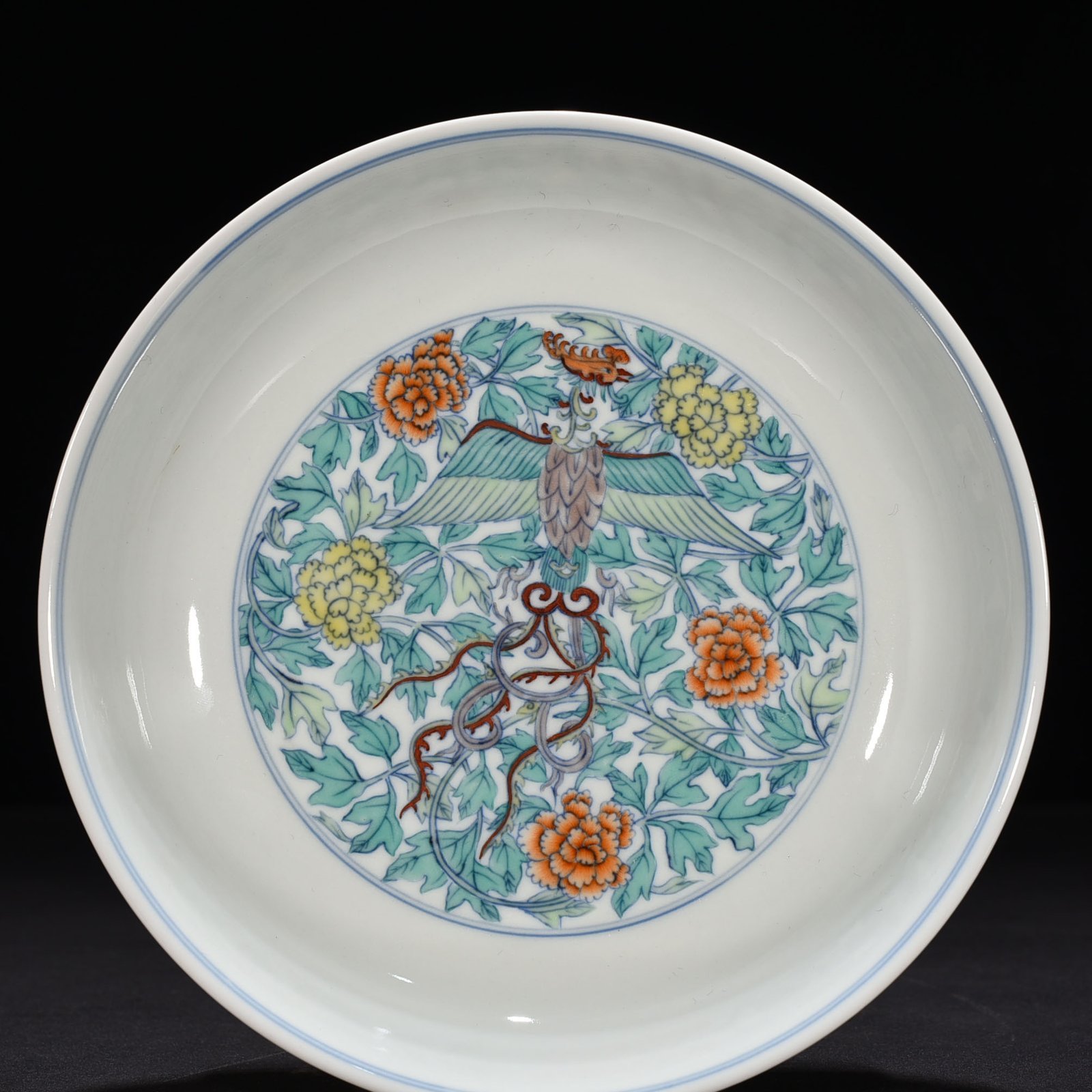 Qing Dynasty Yongzheng Doucai dish with branches and phoenix pattern