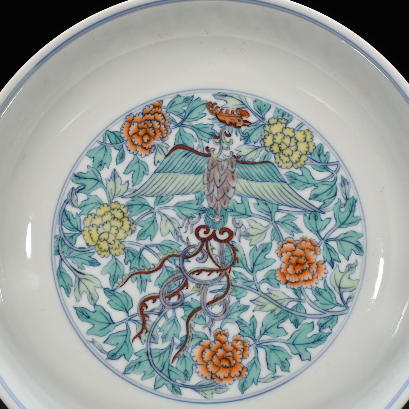 Qing Dynasty Yongzheng Doucai dish with branches and phoenix pattern