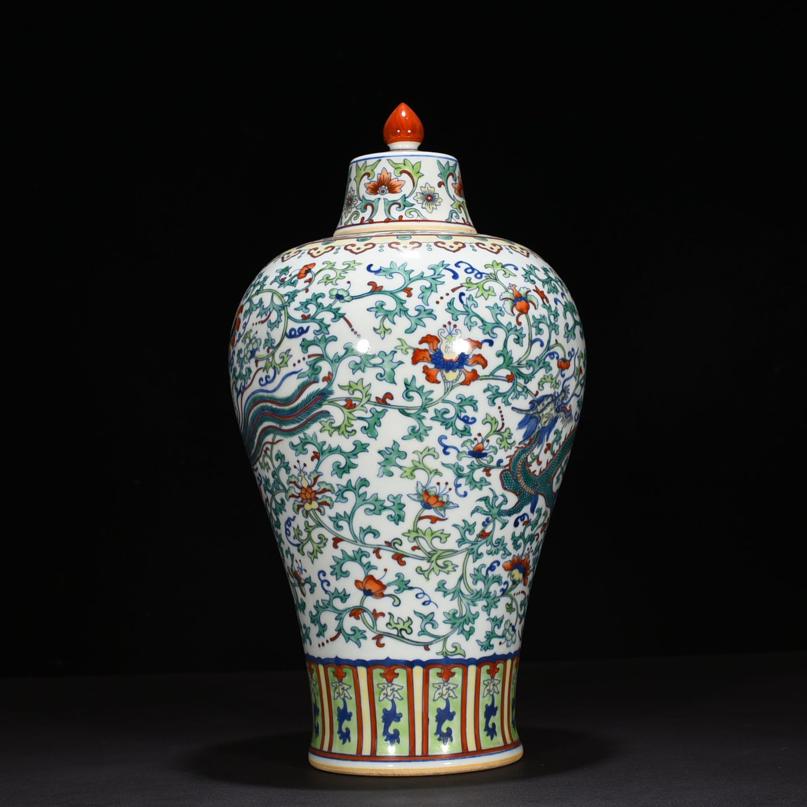 Qing Dynasty Yongzheng Doucai plum vase with dragon and phoenix patterns on branches