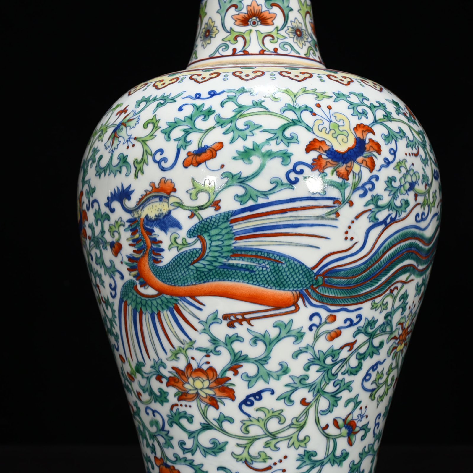 Qing Dynasty Yongzheng Doucai plum vase with dragon and phoenix patterns on branches