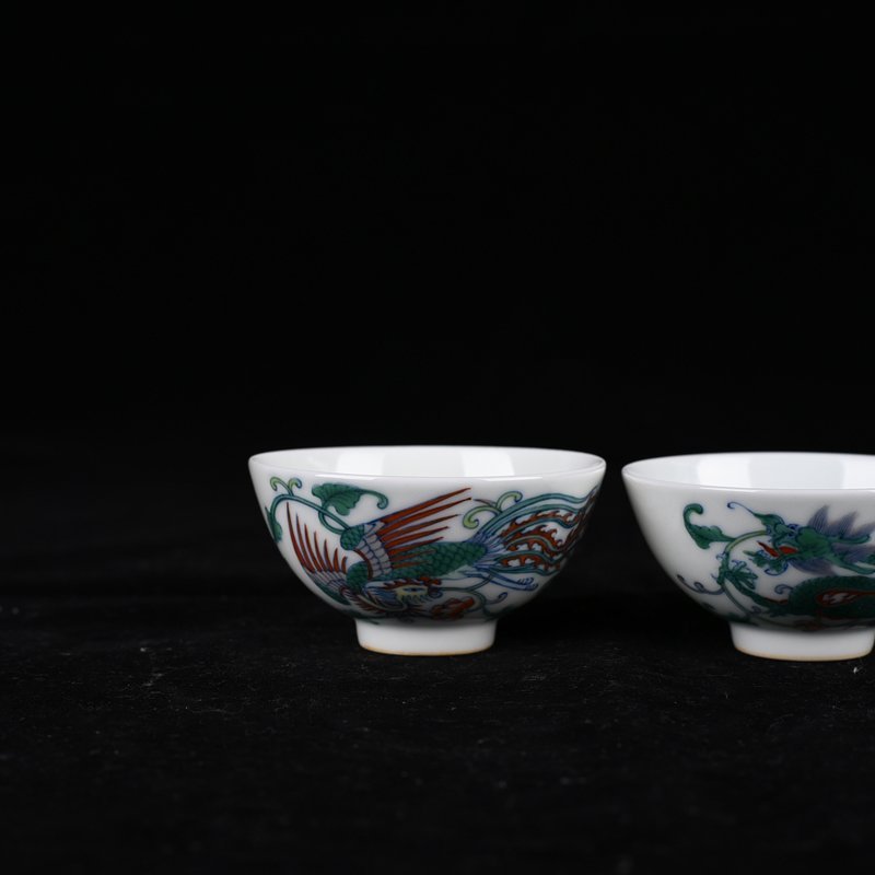 Qing Dynasty Yongzheng Doucai Dragon and Phoenix Pattern Cup and Small Bowl