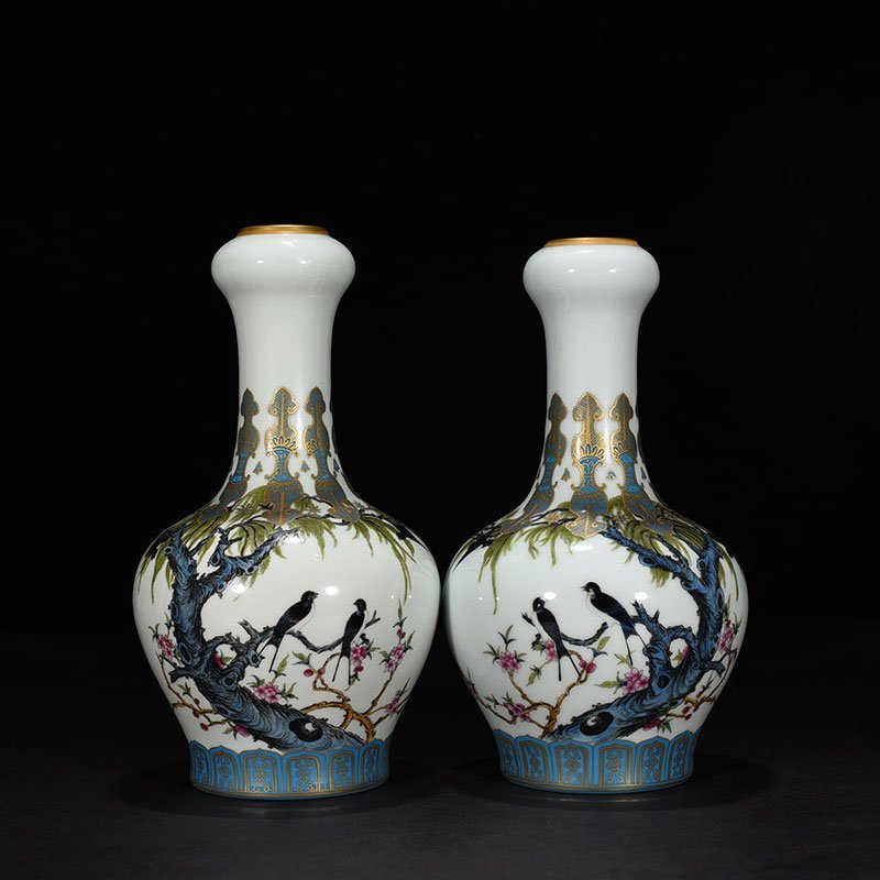 Qing Dynasty Yongzheng enamel vase with apricot forest