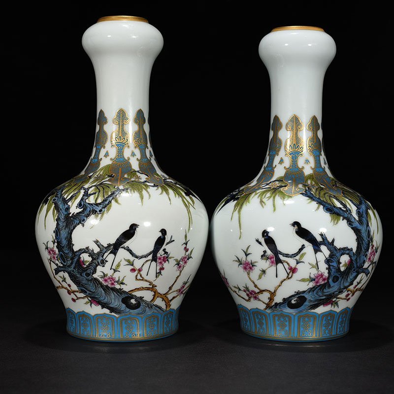 Qing Dynasty Yongzheng enamel vase with apricot forest