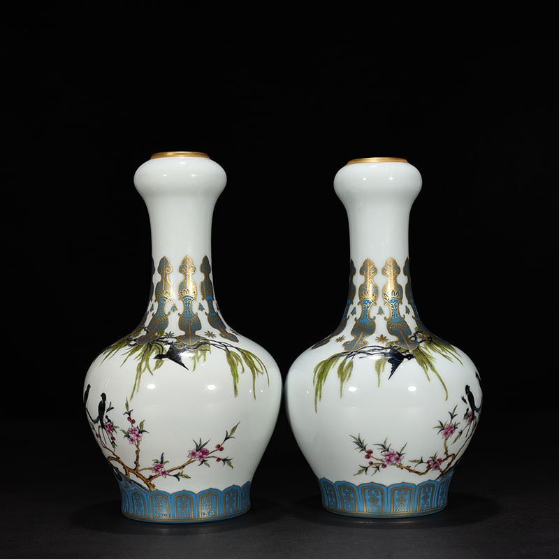 Qing Dynasty Yongzheng enamel vase with apricot forest
