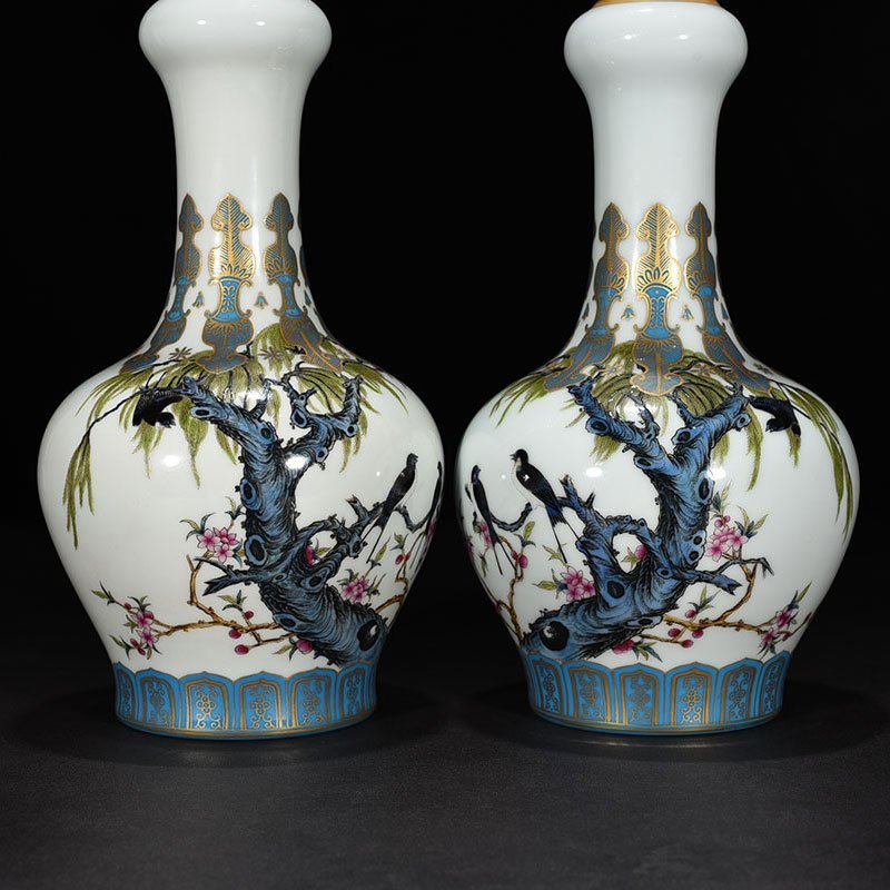 Qing Dynasty Yongzheng enamel vase with apricot forest