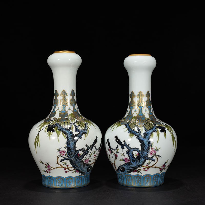Qing Dynasty Yongzheng enamel vase with apricot forest