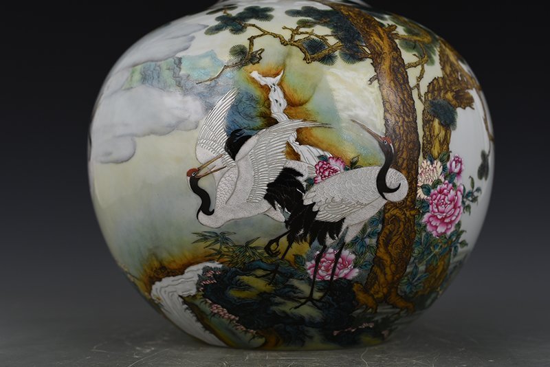 Qing Dynasty Yongzheng enamel pine and crane longevity celestial sphere vase