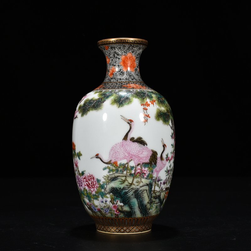 Qing Dynasty Yongzheng enamel vase with pine and crane longevity pattern