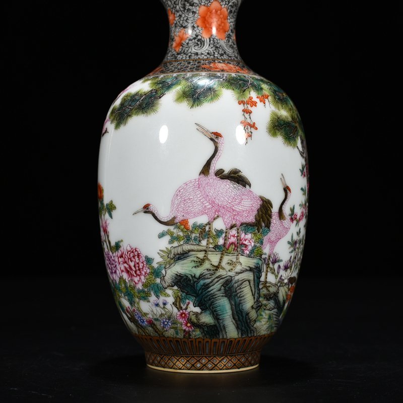 Qing Dynasty Yongzheng enamel vase with pine and crane longevity pattern