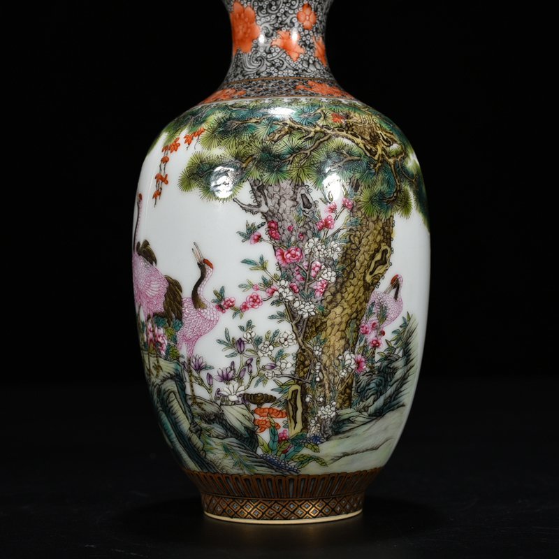 Qing Dynasty Yongzheng enamel vase with pine and crane longevity pattern
