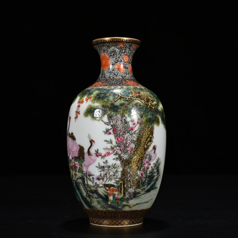 Qing Dynasty Yongzheng enamel vase with pine and crane longevity pattern