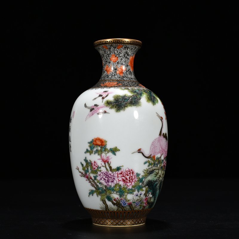 Qing Dynasty Yongzheng enamel vase with pine and crane longevity pattern